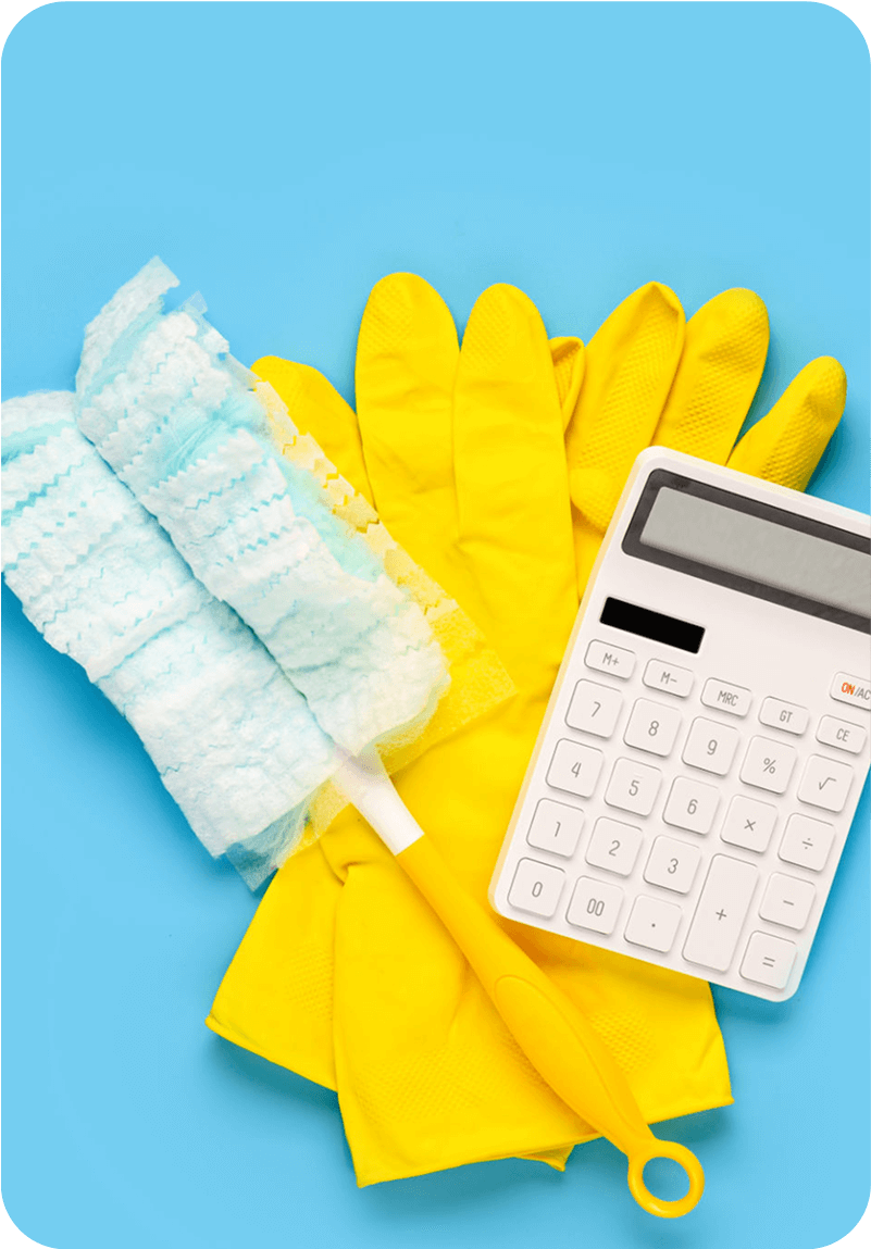 Calculator, cleaning gloves, and mop on blue.